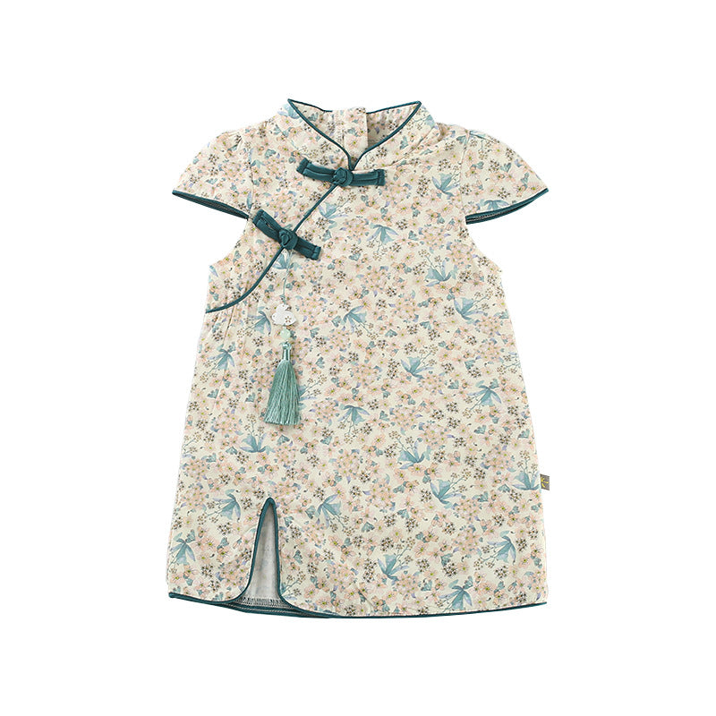 Chinese Kid's Qipao Girl Cheongsam, Cotton Tang Suit Dress, Short Sleeves Midi Dress, Vintage Literary Girl's Autumn Costume