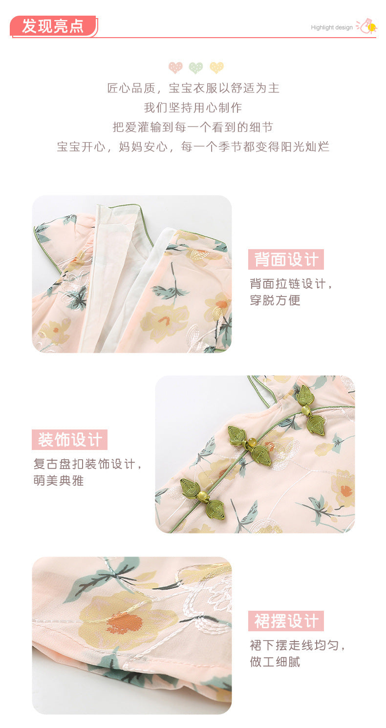 Chinese Kid's Qipao dress & Cheongsam, Girl Tang Suit, Short Sleeves, Midi Dress, Vintage Literary Girl's Autumn Costume