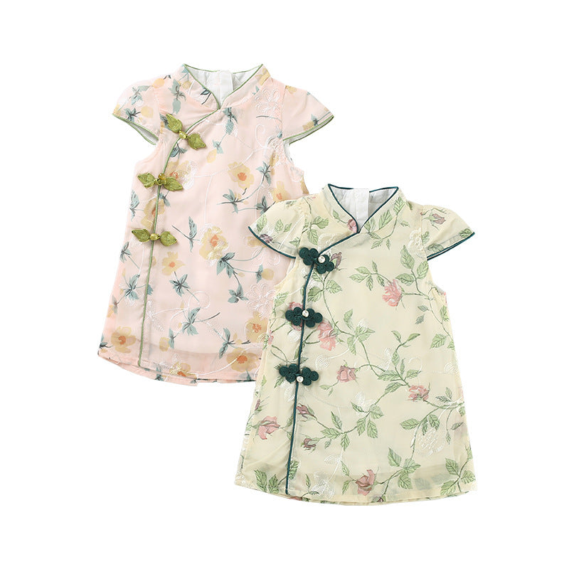 Chinese Kid's Qipao dress & Cheongsam, Girl Tang Suit, Short Sleeves, Midi Dress, Vintage Literary Girl's Autumn Costume