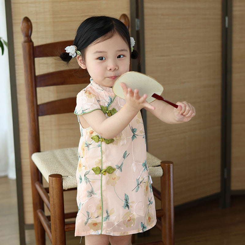 Chinese Kid's Qipao dress & Cheongsam, Girl Tang Suit, Short Sleeves, Midi Dress, Vintage Literary Girl's Autumn Costume