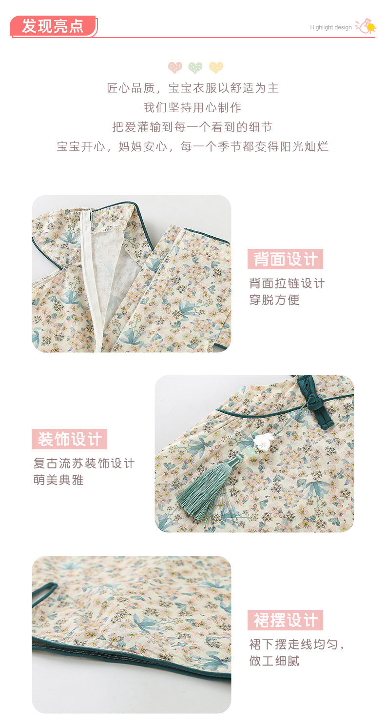 Chinese Kid's Qipao Girl Cheongsam, Cotton Tang Suit Dress, Short Sleeves Midi Dress, Vintage Literary Girl's Autumn Costume