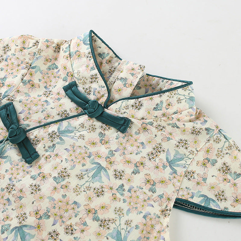 Chinese Kid's Qipao Girl Cheongsam, Cotton Tang Suit Dress, Short Sleeves Midi Dress, Vintage Literary Girl's Autumn Costume