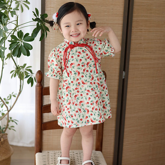 Girls' Dress Chinese Style Children's Dress Summer Cherry Story Girls' Dress New Chinese Style Short Sleeve Children's Dress