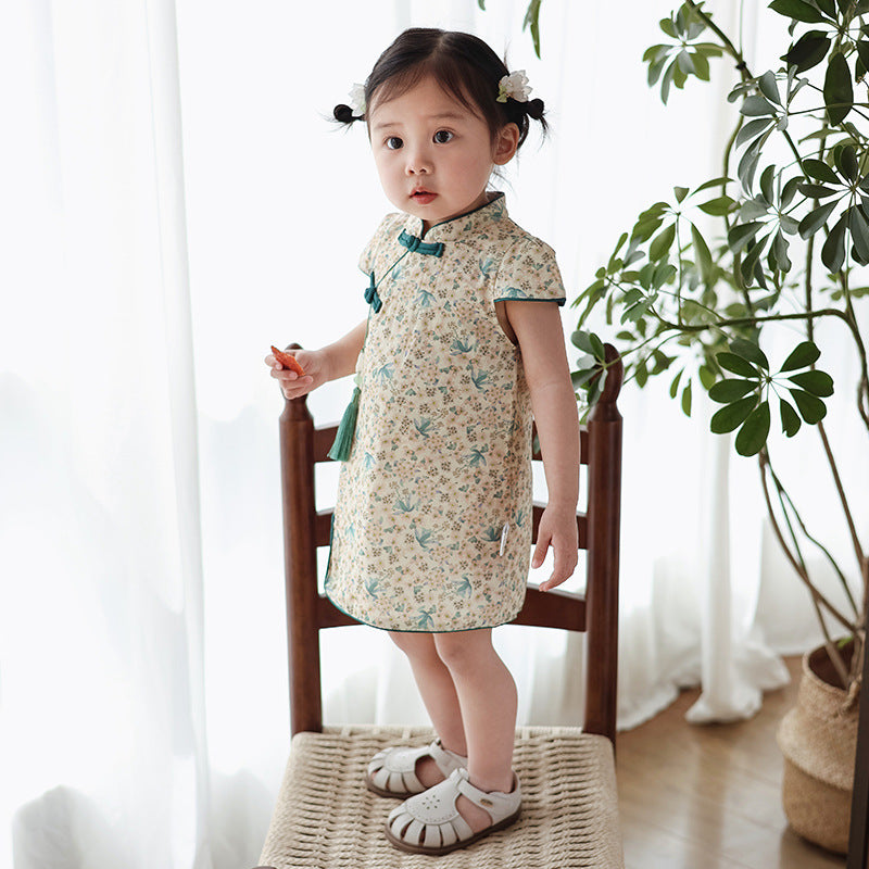 Chinese Kid's Qipao Girl Cheongsam, Cotton Tang Suit Dress, Short Sleeves Midi Dress, Vintage Literary Girl's Autumn Costume