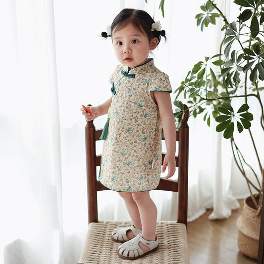 Chinese Kid's Qipao Girl Cheongsam, Cotton Tang Suit Dress, Short Sleeves Midi Dress, Vintage Literary Girl's Autumn Costume
