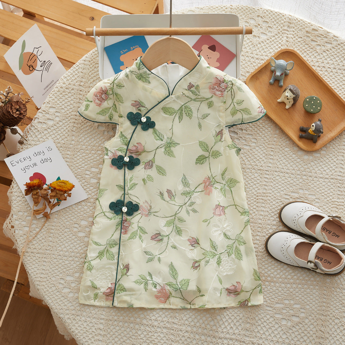 Chinese Kid's Qipao dress & Cheongsam, Girl Tang Suit, Short Sleeves, Midi Dress, Vintage Literary Girl's Autumn Costume