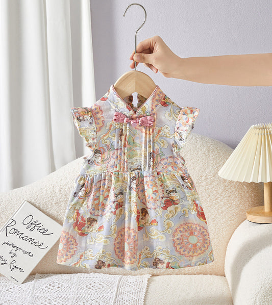 Girls' New Chinese Style Cheongsam Dress 2025 Summer Children's Dunhuang Flying Apsaras Full Print Tang Suit Dress First Birthday Outfit
