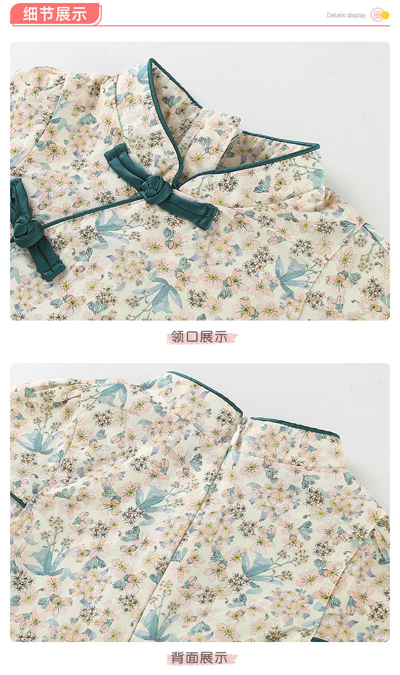Chinese Kid's Qipao Girl Cheongsam, Cotton Tang Suit Dress, Short Sleeves Midi Dress, Vintage Literary Girl's Autumn Costume