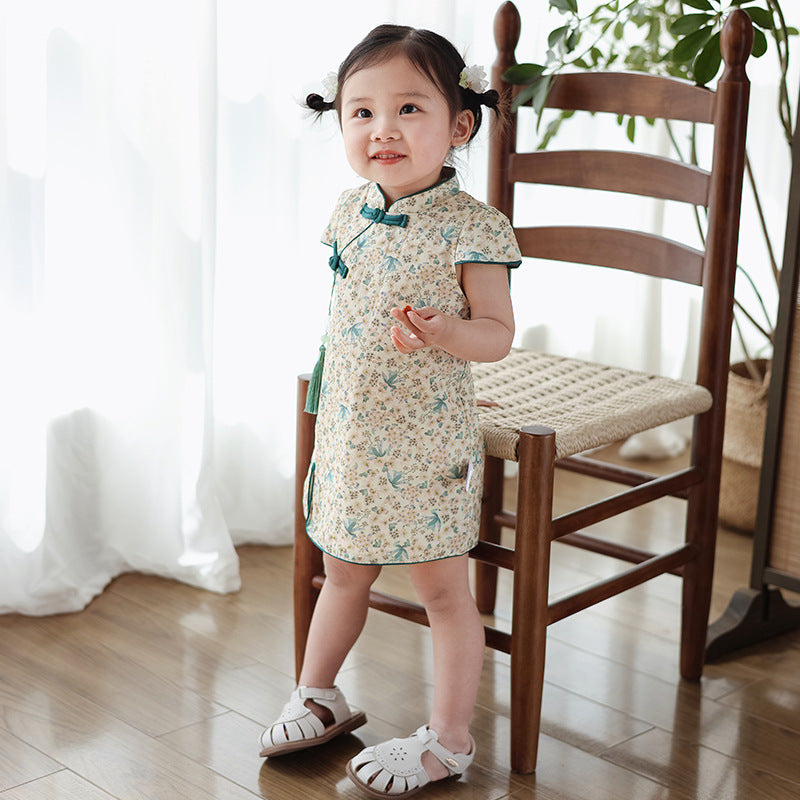 Chinese Kid's Qipao Girl Cheongsam, Cotton Tang Suit Dress, Short Sleeves Midi Dress, Vintage Literary Girl's Autumn Costume