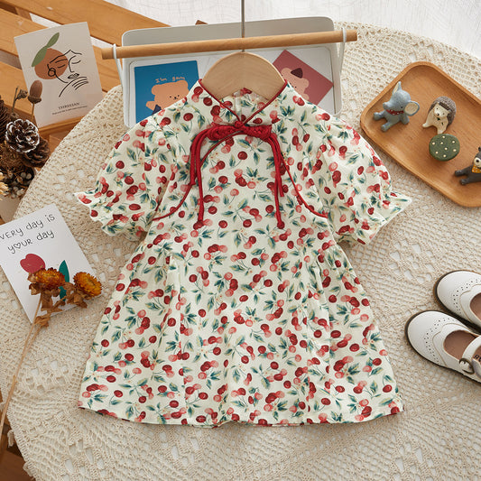 Girls' Dress Chinese Style Children's Dress Summer Cherry Story Girls' Dress New Chinese Style Short Sleeve Children's Dress