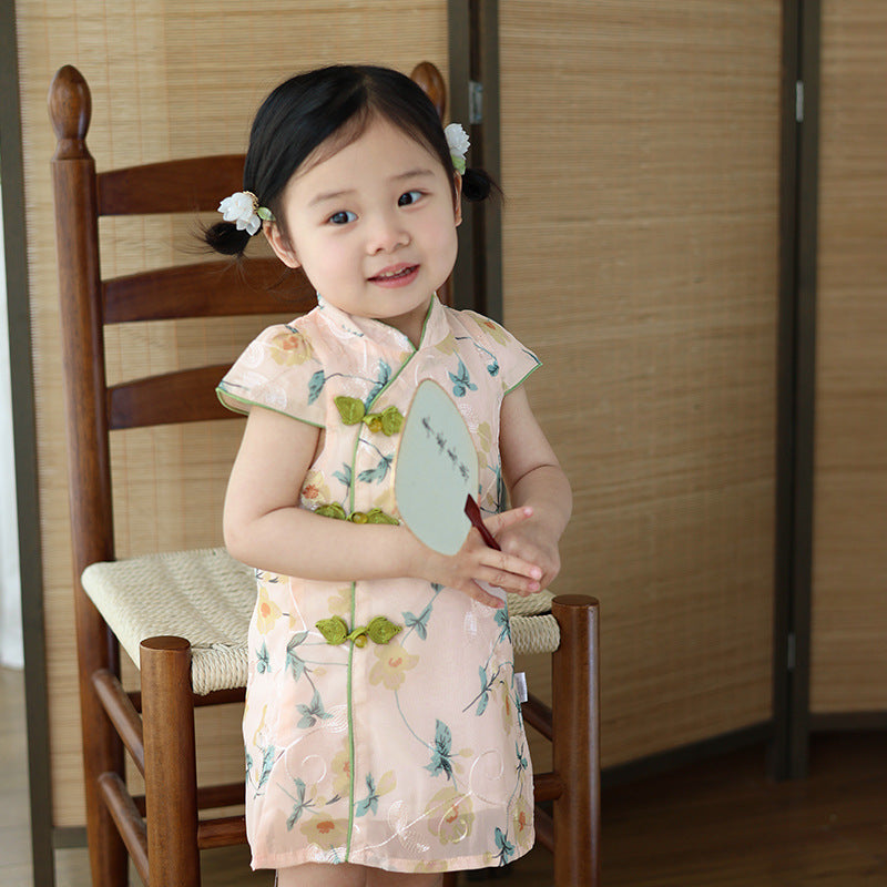 Chinese Kid's Qipao dress & Cheongsam, Girl Tang Suit, Short Sleeves, Midi Dress, Vintage Literary Girl's Autumn Costume