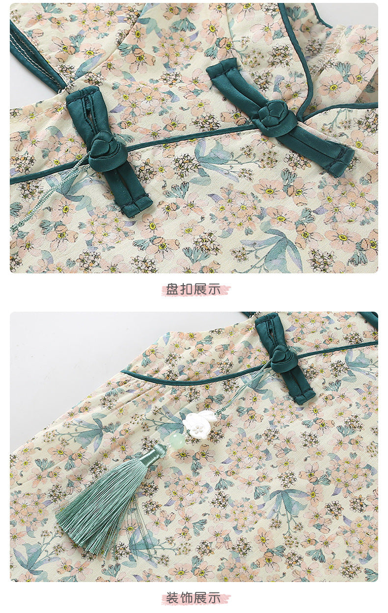 Chinese Kid's Qipao Girl Cheongsam, Cotton Tang Suit Dress, Short Sleeves Midi Dress, Vintage Literary Girl's Autumn Costume