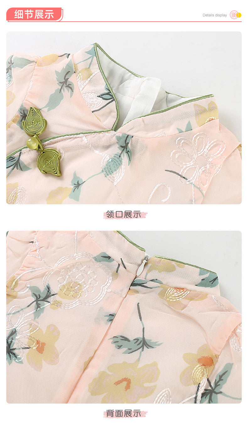 Chinese Kid's Qipao dress & Cheongsam, Girl Tang Suit, Short Sleeves, Midi Dress, Vintage Literary Girl's Autumn Costume