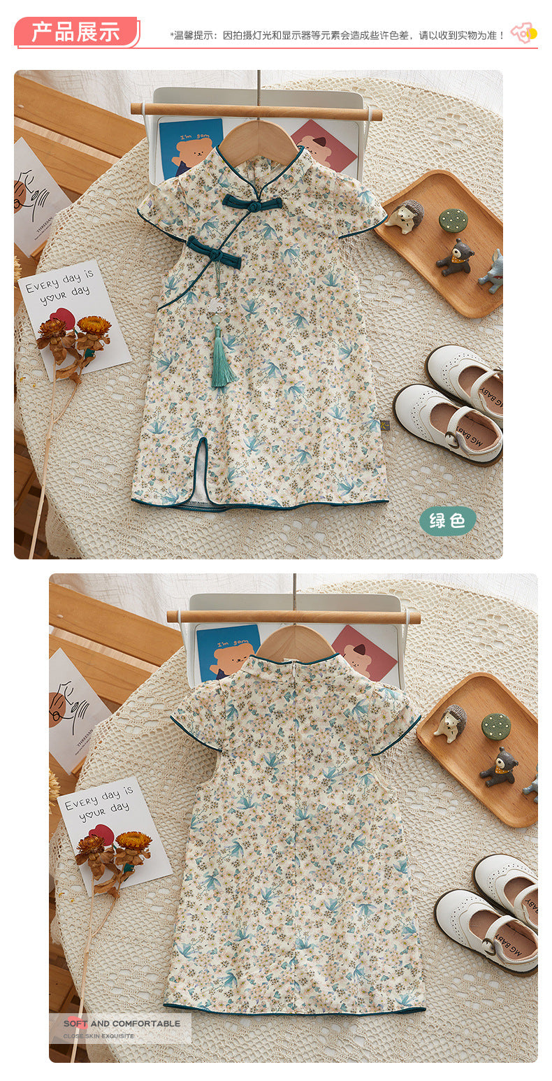 Chinese Kid's Qipao Girl Cheongsam, Cotton Tang Suit Dress, Short Sleeves Midi Dress, Vintage Literary Girl's Autumn Costume