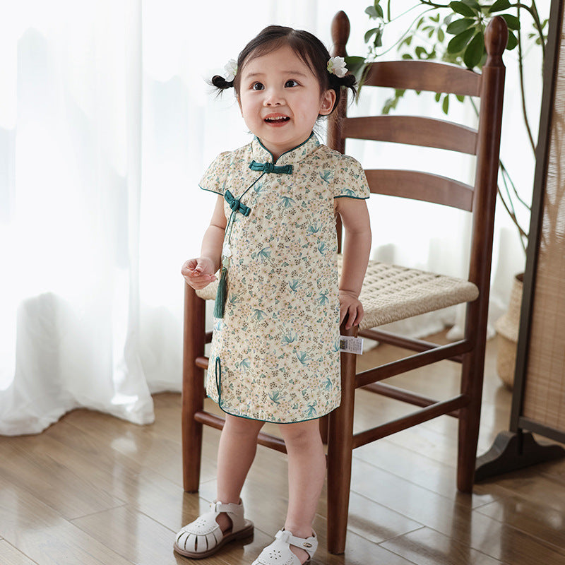 Chinese Kid's Qipao Girl Cheongsam, Cotton Tang Suit Dress, Short Sleeves Midi Dress, Vintage Literary Girl's Autumn Costume