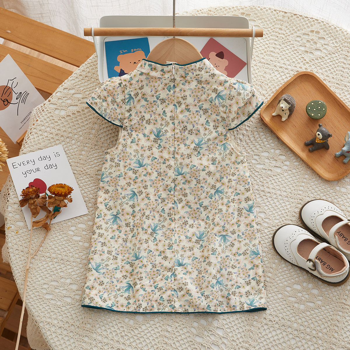 Chinese Kid's Qipao Girl Cheongsam, Cotton Tang Suit Dress, Short Sleeves Midi Dress, Vintage Literary Girl's Autumn Costume