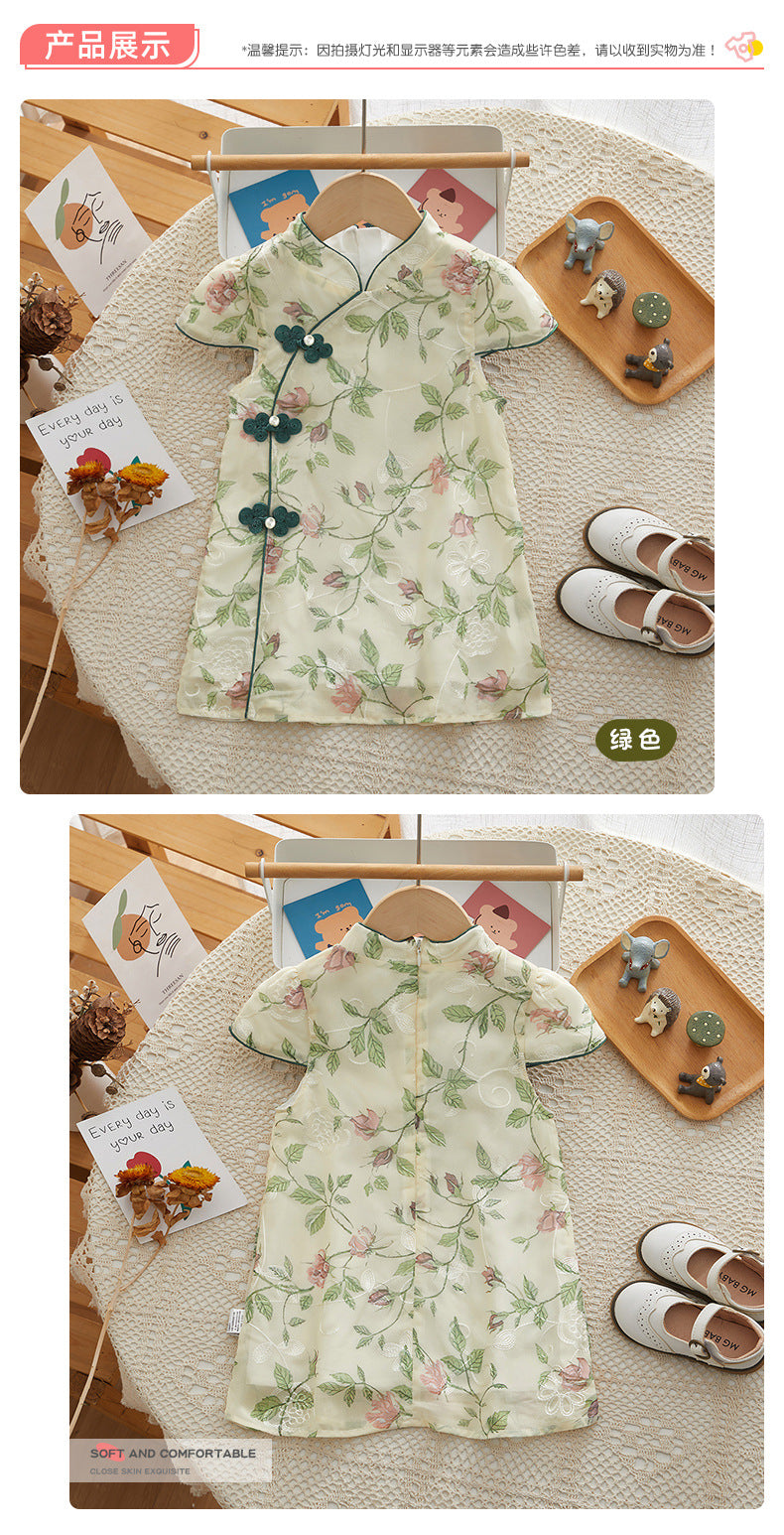 Chinese Kid's Qipao dress & Cheongsam, Girl Tang Suit, Short Sleeves, Midi Dress, Vintage Literary Girl's Autumn Costume