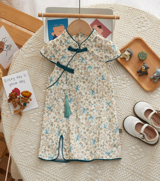 Chinese Kid's Qipao Girl Cheongsam, Cotton Tang Suit Dress, Short Sleeves Midi Dress, Vintage Literary Girl's Autumn Costume