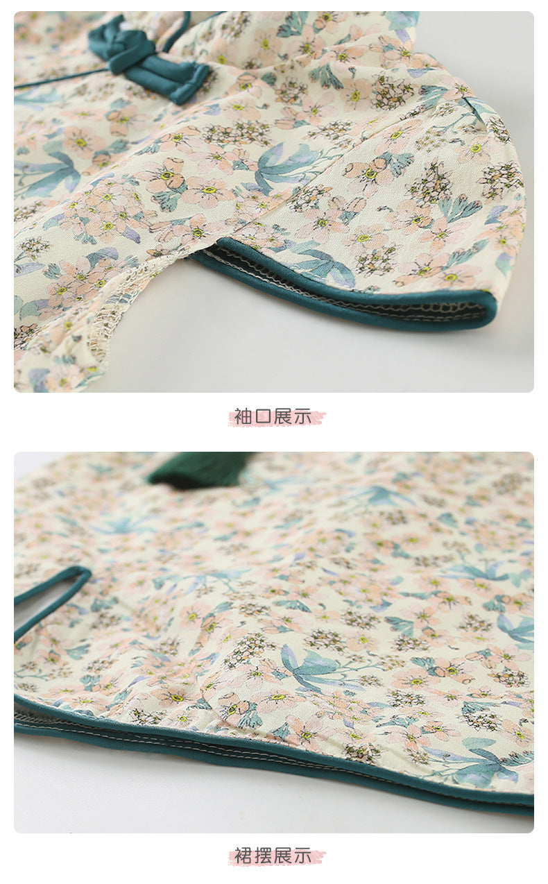 Chinese Kid's Qipao Girl Cheongsam, Cotton Tang Suit Dress, Short Sleeves Midi Dress, Vintage Literary Girl's Autumn Costume