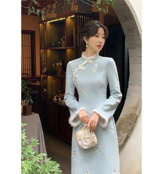Chinese Traditional Qipao Dress Cheongsam Women's Clothing Autumn Winter Gentle Flower Temperament Elegant Embroidery Vintage