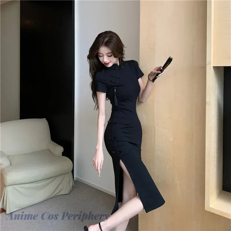 Chinese Vintage Elegance Cheongsam Mini, Timeless Black Qipao Dress, Classical Fancy Bodycon Qipao