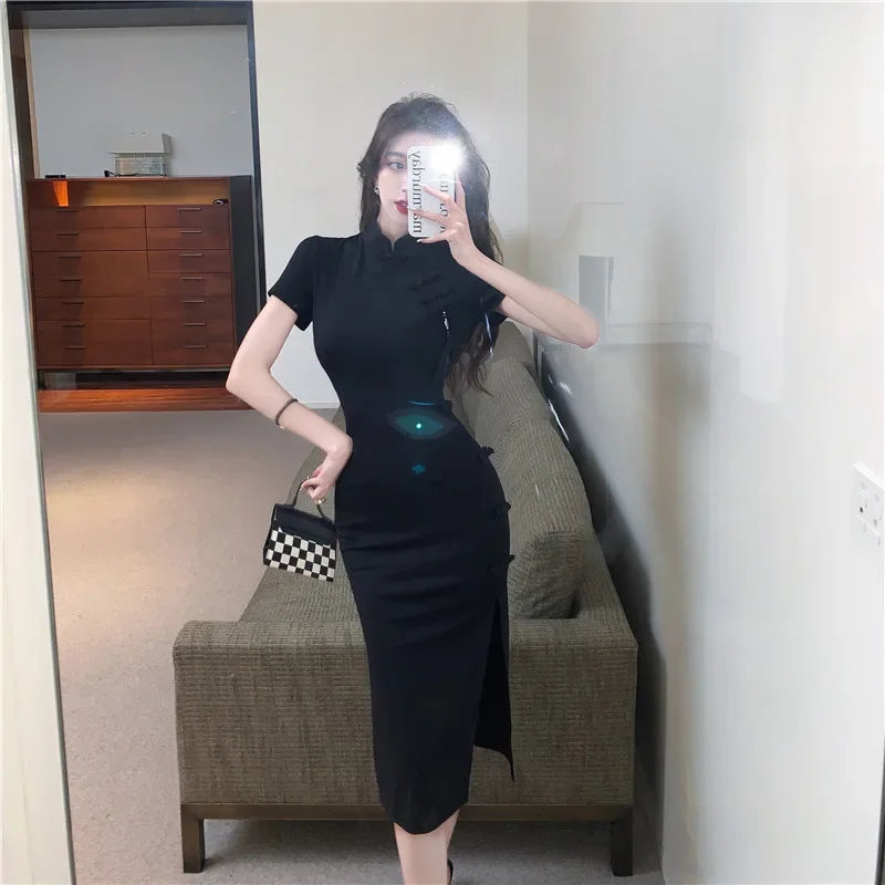 Chinese Vintage Elegance Cheongsam Mini, Timeless Black Qipao Dress, Classical Fancy Bodycon Qipao
