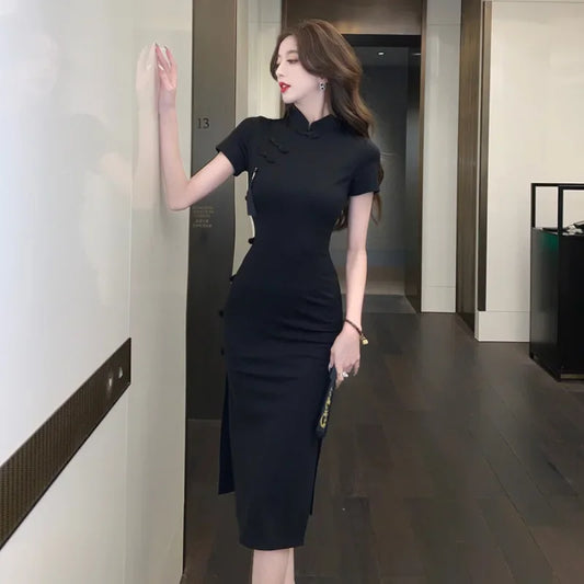 Chinese Vintage Elegance Cheongsam Mini, Timeless Black Qipao Dress, Classical Fancy Bodycon Qipao