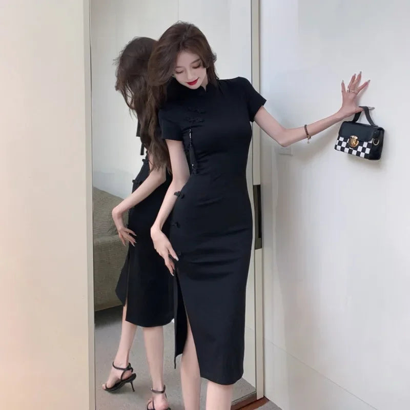 Chinese Vintage Elegance Cheongsam Mini, Timeless Black Qipao Dress, Classical Fancy Bodycon Qipao