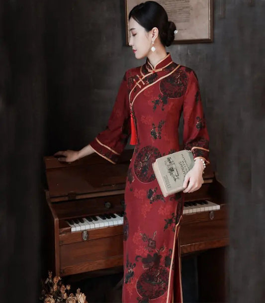 Qipao Spring And Autumn New Chinese Style Vintage Print Slim High End Improved Cheongsam Dress For Women