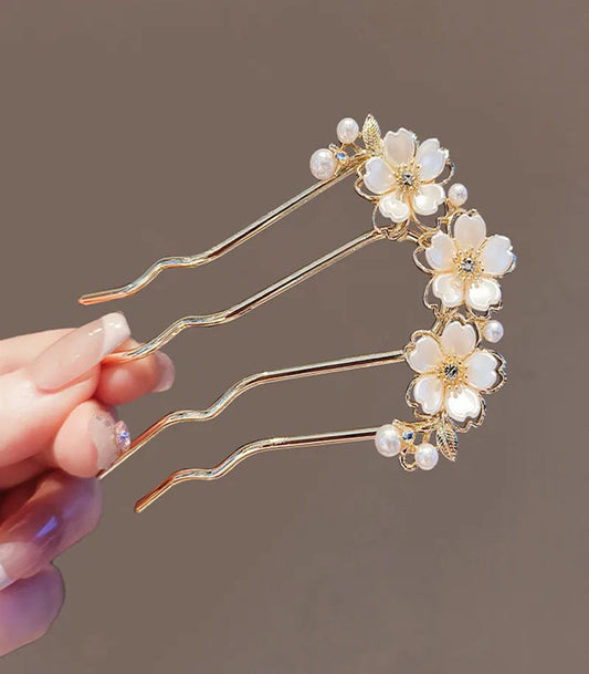 U-shaped Hairpin Pearl Flower Wavy Hair Combs for Women Elegant Forest Style High-end Metal Bun Head Hair Clasp