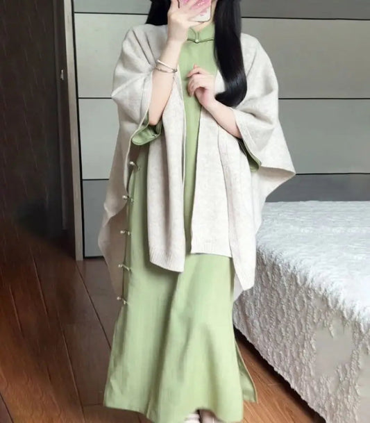 Green Improved Cheongsam Summer New Modern Elegant Inverted Big Sleeve Girl's Daily Wear Young Style Retro Chinese Woman Dresses