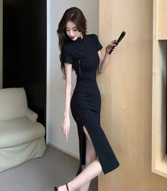 Chinese Vintage Elegance Cheongsam Mini, Timeless Black Qipao Dress, Classical Fancy Bodycon Qipao