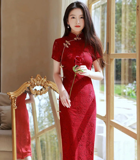 Red Cheongsam Dress Bride's Chinese Festival Wedding Dress Women's Long Lace Women Slim Lady Qipao