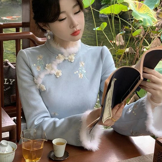 Chinese Traditional Qipao Dress Cheongsam Women's Clothing Autumn Winter Gentle Flower Temperament Elegant Embroidery Vintage
