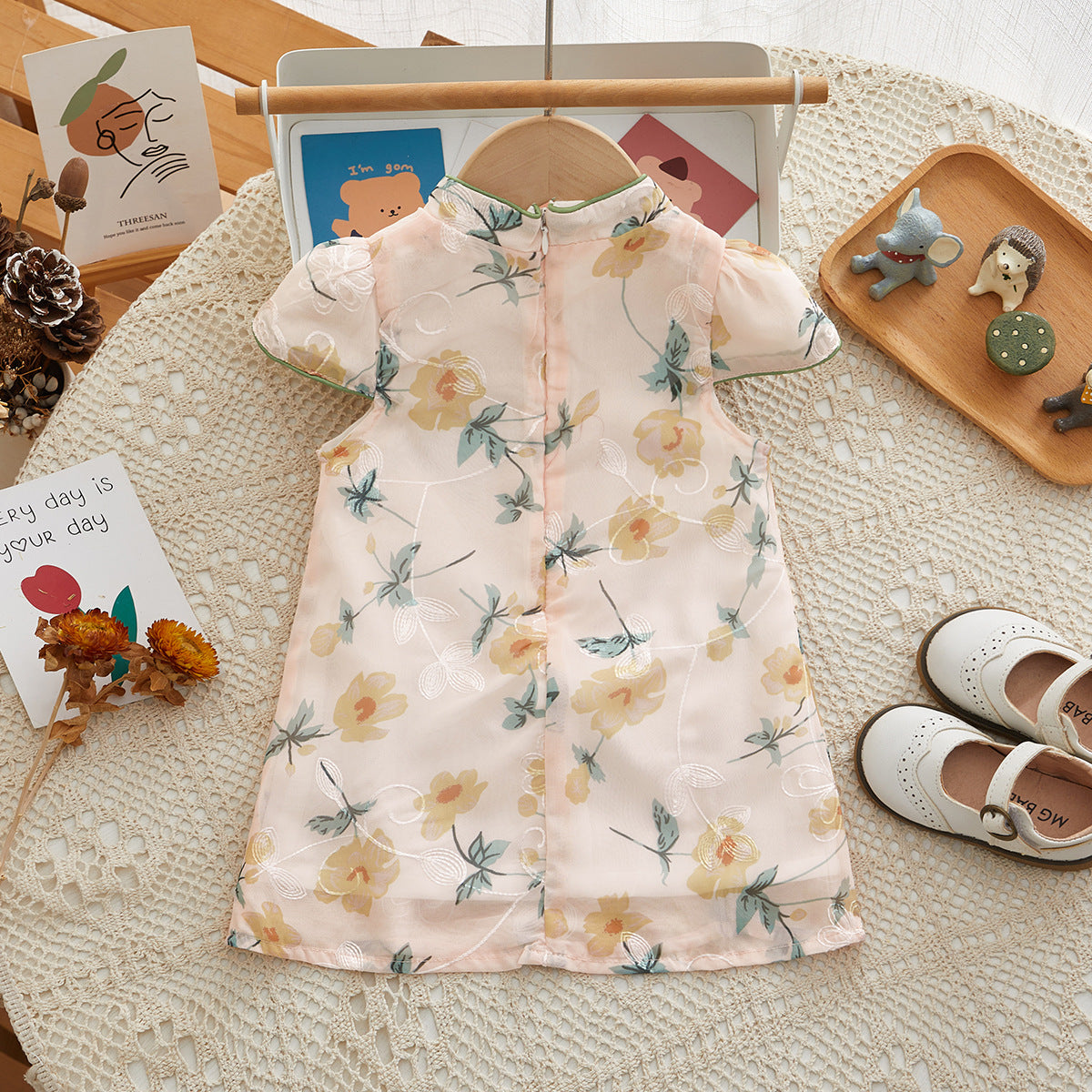 Chinese Kid's Qipao dress & Cheongsam, Girl Tang Suit, Short Sleeves, Midi Dress, Vintage Literary Girl's Autumn Costume