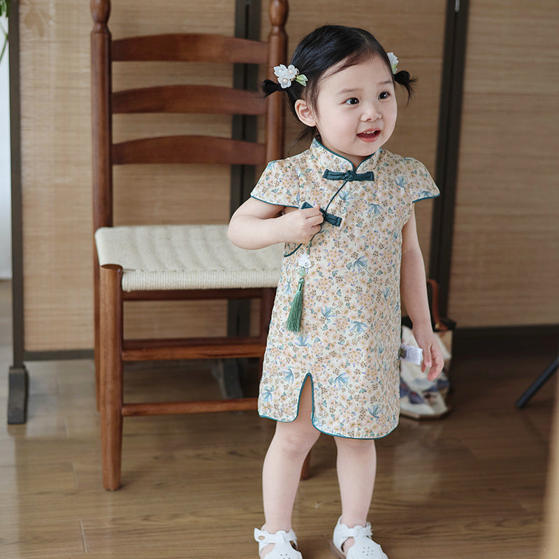 Chinese Kid's Qipao Girl Cheongsam, Cotton Tang Suit Dress, Short Sleeves Midi Dress, Vintage Literary Girl's Autumn Costume