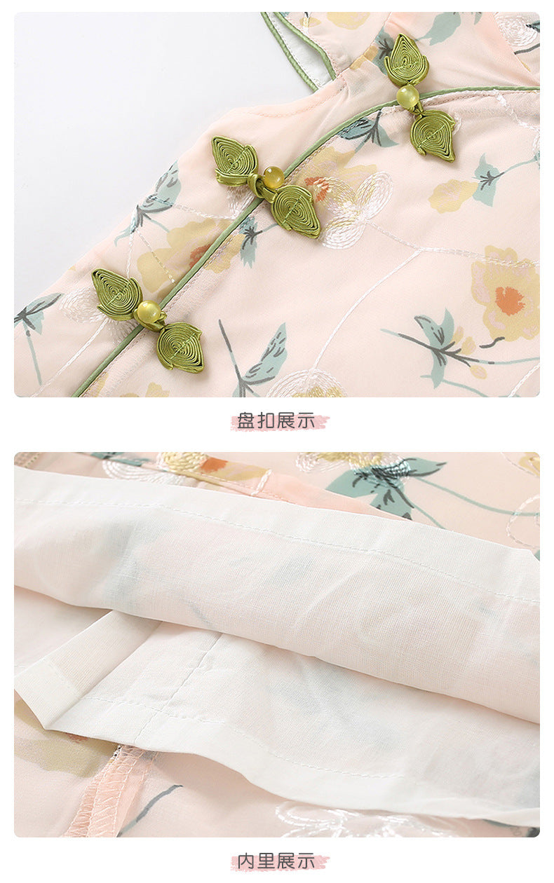 Chinese Kid's Qipao dress & Cheongsam, Girl Tang Suit, Short Sleeves, Midi Dress, Vintage Literary Girl's Autumn Costume