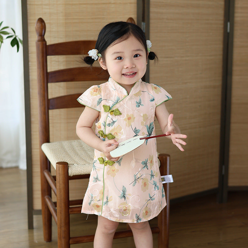 Chinese Kid's Qipao dress & Cheongsam, Girl Tang Suit, Short Sleeves, Midi Dress, Vintage Literary Girl's Autumn Costume