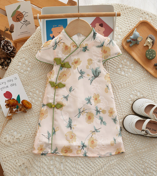 Chinese Kid's Qipao dress & Cheongsam, Girl Tang Suit, Short Sleeves, Midi Dress, Vintage Literary Girl's Autumn Costume