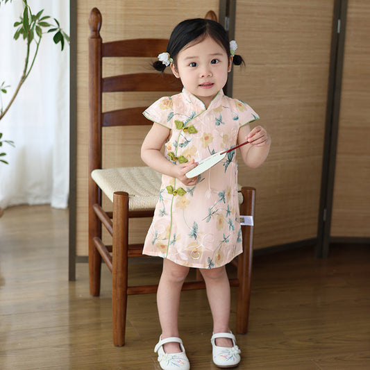 Chinese Kid's Qipao dress & Cheongsam, Girl Tang Suit, Short Sleeves, Midi Dress, Vintage Literary Girl's Autumn Costume