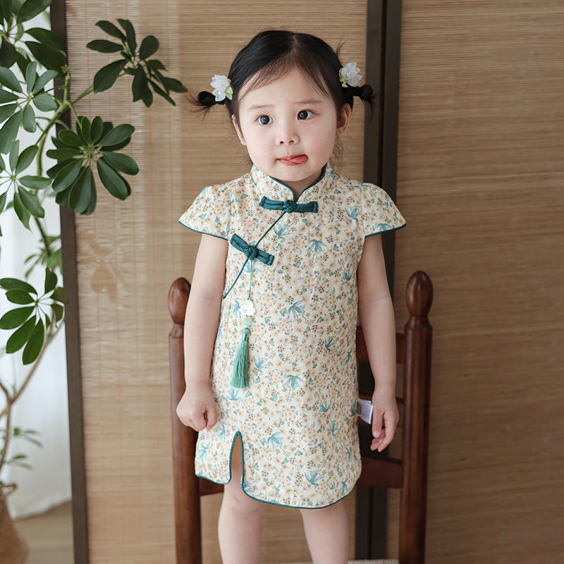Chinese Kid's Qipao Girl Cheongsam, Cotton Tang Suit Dress, Short Sleeves Midi Dress, Vintage Literary Girl's Autumn Costume