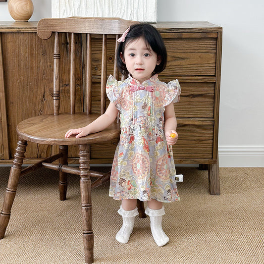 Girls' New Chinese Style Cheongsam Dress 2025 Summer Children's Dunhuang Flying Apsaras Full Print Tang Suit Dress First Birthday Outfit